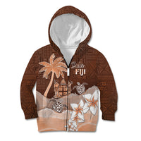 Personalised Bula Fiji Kid Hoodie Fijian Masi Pattern With Brown Coat Of Arms LT05 Zip Hoodie Brown - Polynesian Pride
