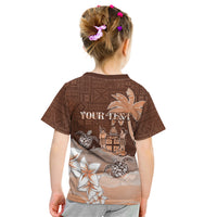 Personalised Bula Fiji Kid T Shirt Fijian Masi Pattern With Brown Coat Of Arms LT05 - Polynesian Pride