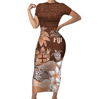 Personalised Bula Fiji Short Sleeve Bodycon Dress Fijian Masi Pattern With Brown Coat Of Arms LT05 Long Dress Brown - Polynesian Pride