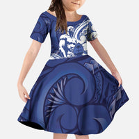 Guam Chief Kepuha Family Matching Off The Shoulder Long Sleeve Dress and Hawaiian Shirt Chamorro Pride LT05 Daughter's Dress Blue - Polynesian Pride