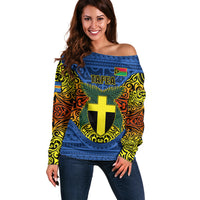 Vanuatu Tafea Province Off Shoulder Sweater Coat Of Arms And Namele Fern Polynesian Pattern LT05 Women Blue - Polynesian Pride