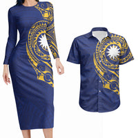 Personalised Nauru Angam Day Couples Matching Long Sleeve Bodycon Dress and Hawaiian Shirt Gold Navy Tribal Pattern