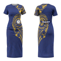 Personalised Nauru Angam Day Couples Matching Short Sleeve Bodycon Dress and Hawaiian Shirt Gold Navy Tribal Pattern