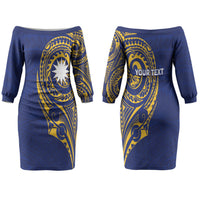 Personalised Nauru Angam Day Family Matching Off The Shoulder Long Sleeve Dress and Hawaiian Shirt Gold Navy Tribal Pattern
