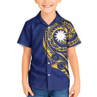 Personalised Nauru Angam Day Kid Hawaiian Shirt Gold Navy Tribal Pattern