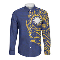 Personalised Nauru Angam Day Long Sleeve Button Shirt Gold Navy Tribal Pattern LT05 Unisex Blue - Polynesian Pride