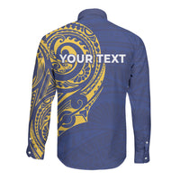 Personalised Nauru Angam Day Long Sleeve Button Shirt Gold Navy Tribal Pattern LT05 - Polynesian Pride