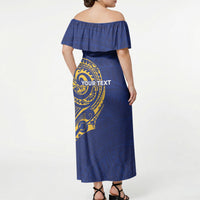 Personalised Nauru Angam Day Off Shoulder Maxi Dress Gold Navy Tribal Pattern