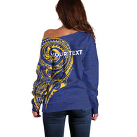 Personalised Nauru Angam Day Off Shoulder Sweater Gold Navy Tribal Pattern LT05 - Polynesian Pride