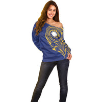 Personalised Nauru Angam Day Off Shoulder Sweater Gold Navy Tribal Pattern LT05 - Polynesian Pride