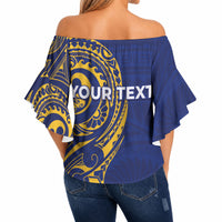 Personalised Nauru Angam Day Off Shoulder Wrap Waist Top Gold Navy Tribal Pattern