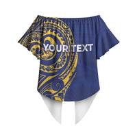 Personalised Nauru Angam Day Off Shoulder Wrap Waist Top Gold Navy Tribal Pattern