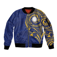 Personalised Nauru Angam Day Sleeve Zip Bomber Jacket Gold Navy Tribal Pattern LT05 Unisex Blue - Polynesian Pride