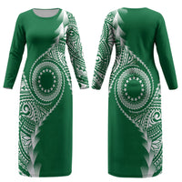 Cook Islands Gospel Day Couples Matching Long Sleeve Bodycon Dress and Long Sleeve Button Shirt Green Tribal Curves