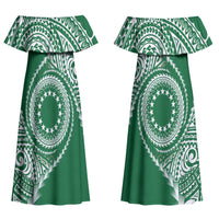 Cook Islands Gospel Day Couples Matching Off Shoulder Maxi Dress and Hawaiian Shirt Green Tribal Curves