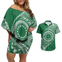 Cook Islands Gospel Day Couples Matching Off Shoulder Short Dress and Hawaiian Shirt Green Tribal Curves