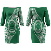 Cook Islands Gospel Day Couples Matching Off The Shoulder Long Sleeve Dress and Long Sleeve Button Shirt Green Tribal Curves