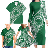 Cook Islands Gospel Day Family Matching Long Sleeve Bodycon Dress and Hawaiian Shirt Green Tribal Curves