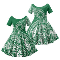 Cook Islands Gospel Day Family Matching Off Shoulder Short Dress and Hawaiian Shirt Green Tribal Curves