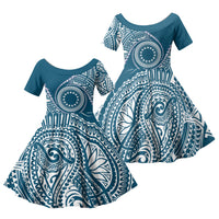 Cook Islands Gospel Day Family Matching Long Sleeve Bodycon Dress and Hawaiian Shirt Blue Tribal Curves