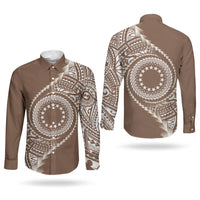 Cook Islands Gospel Day Couples Matching Off The Shoulder Long Sleeve Dress and Long Sleeve Button Shirt Brown Tribal Curves