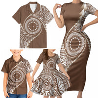 Cook Islands Gospel Day Family Matching Short Sleeve Bodycon Dress and Hawaiian Shirt Brown Tribal Curves