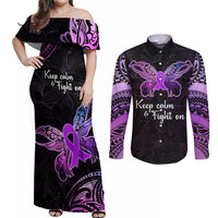 Pancreatic Cancer Awareness Couples Matching Off Shoulder Maxi Dress and Long Sleeve Button Shirt Keep Calm And Fight On Polynesian Pattern LT05 Purple - Polynesian Pride