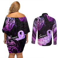 Pancreatic Cancer Awareness Couples Matching Off Shoulder Short Dress and Long Sleeve Button Shirt Keep Calm And Fight On Polynesian Pattern LT05 - Polynesian Pride
