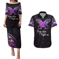Pancreatic Cancer Awareness Couples Matching Puletasi Dress and Hawaiian Shirt Keep Calm And Fight On Polynesian Pattern LT05 Purple - Polynesian Pride