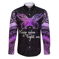 Pancreatic Cancer Awareness Family Matching Off Shoulder Short Dress and Hawaiian Shirt Keep Calm And Fight On Polynesian Pattern LT05 Dad's Shirt - Long Sleeve Purple - Polynesian Pride