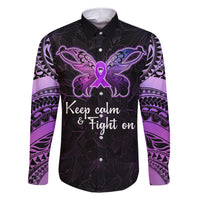 Pancreatic Cancer Awareness Family Matching Short Sleeve Bodycon Dress and Hawaiian Shirt Keep Calm And Fight On Polynesian Pattern LT05 Dad's Shirt - Long Sleeve Purple - Polynesian Pride