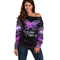 Pancreatic Cancer Awareness Off Shoulder Sweater Keep Calm And Fight On Polynesian Pattern LT05 Women Purple - Polynesian Pride
