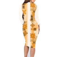 Hawaiian Quilt Family Matching Long Sleeve Bodycon Dress and Hawaiian Shirt Vintage Pattern Brown LT05 - Polynesian Pride