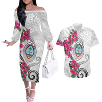 Guam Chamorro Couples Matching Off The Shoulder Long Sleeve Dress and Hawaiian Shirt Curves Polynesian Tattoo Mix Bougainvillea