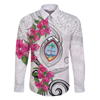 Guam Chamorro Family Matching Long Sleeve Bodycon Dress and Hawaiian Shirt Curves Polynesian Tattoo Mix Bougainvillea LT05 Dad's Shirt - Long Sleeve White - Polynesian Pride