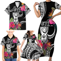 Hafa Adai Guam Family Matching Short Sleeve Bodycon Dress and Hawaiian Shirt Polynesian Tattoo Tropical Flowers LT05 - Polynesian Pride