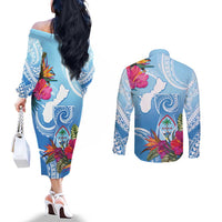 Hafa Adai Guam Couples Matching Off The Shoulder Long Sleeve Dress and Long Sleeve Button Shirt Tropical Flowers Blue Gradient