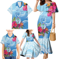 Hafa Adai Guam Family Matching Mermaid Dress and Hawaiian Shirt Tropical Flowers Blue Gradient LT05 - Polynesian Pride