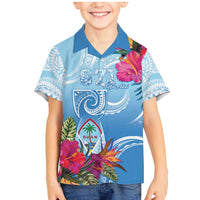 Hafa Adai Guam Family Matching Mermaid Dress and Hawaiian Shirt Tropical Flowers Blue Gradient LT05 Son's Shirt Blue - Polynesian Pride