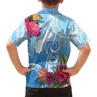 Hafa Adai Guam Family Matching Puletasi and Hawaiian Shirt Tropical Flowers Blue Gradient