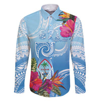 Hafa Adai Guam Family Matching Short Sleeve Bodycon Dress and Hawaiian Shirt Tropical Flowers Blue Gradient LT05 Dad's Shirt - Long Sleeve Blue - Polynesian Pride