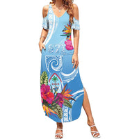 Hafa Adai Guam Summer Maxi Dress Tropical Flowers Blue Gradient LT05 Women Blue - Polynesian Pride