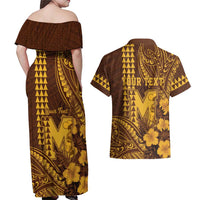 Personalised Hawaii Mililani High School Couples Matching Off Shoulder Maxi Dress and Hawaiian Shirt Tribal Tattoo With Hibiscus Flowers LT05 - Polynesian Pride