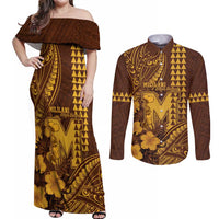 Personalised Hawaii Mililani High School Couples Matching Off Shoulder Maxi Dress and Long Sleeve Button Shirt Tribal Tattoo With Hibiscus Flowers LT05 Brown - Polynesian Pride