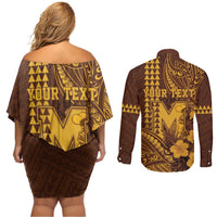 Personalised Hawaii Mililani High School Couples Matching Off Shoulder Short Dress and Long Sleeve Button Shirt Tribal Tattoo With Hibiscus Flowers LT05 - Polynesian Pride