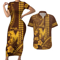 Personalised Hawaii Mililani High School Couples Matching Short Sleeve Bodycon Dress and Hawaiian Shirt Tribal Tattoo With Hibiscus Flowers LT05 Brown - Polynesian Pride