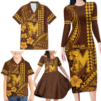 Personalised Hawaii Mililani High School Family Matching Long Sleeve Bodycon Dress and Hawaiian Shirt Tribal Tattoo With Hibiscus Flowers LT05 - Polynesian Pride
