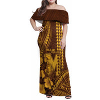 Personalised Hawaii Mililani High School Family Matching Off Shoulder Maxi Dress and Hawaiian Shirt Tribal Tattoo With Hibiscus Flowers LT05 Mom's Dress Brown - Polynesian Pride