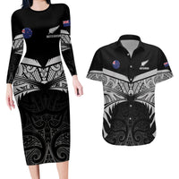 Custom New Zealand Cricket Couples Matching Long Sleeve Bodycon Dress and Hawaiian Shirt Go Champions World Cup 2024 With Maori Pattern LT05 Black - Polynesian Pride