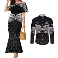 Custom New Zealand Cricket Couples Matching Mermaid Dress and Long Sleeve Button Shirt Go Champions World Cup 2024 With Maori Pattern LT05 Black - Polynesian Pride